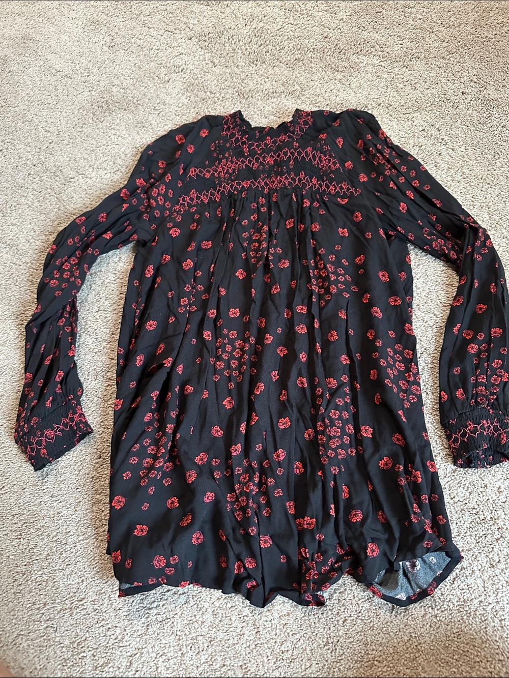 Free People Black Tunic with Red Floral Smocking Detail